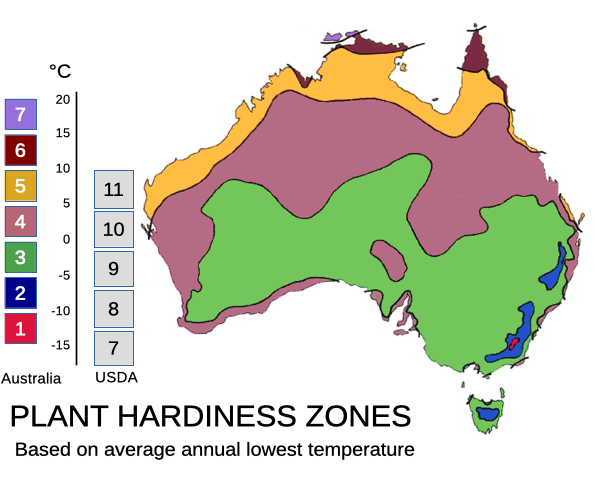 Map of Australian Plant Hardiness Zones 1991